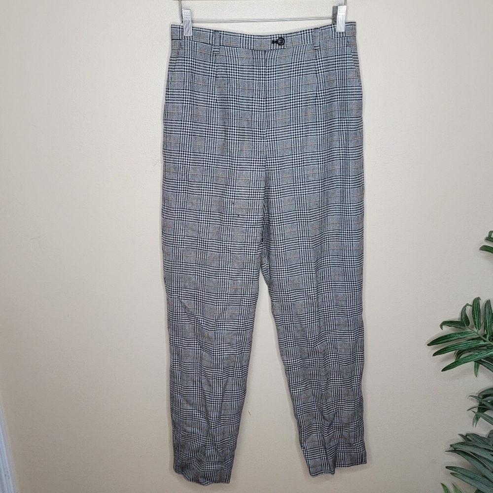 Vintage Pendleton Virgin Wool Black White Tan Plaid Trouser Pants Size 8